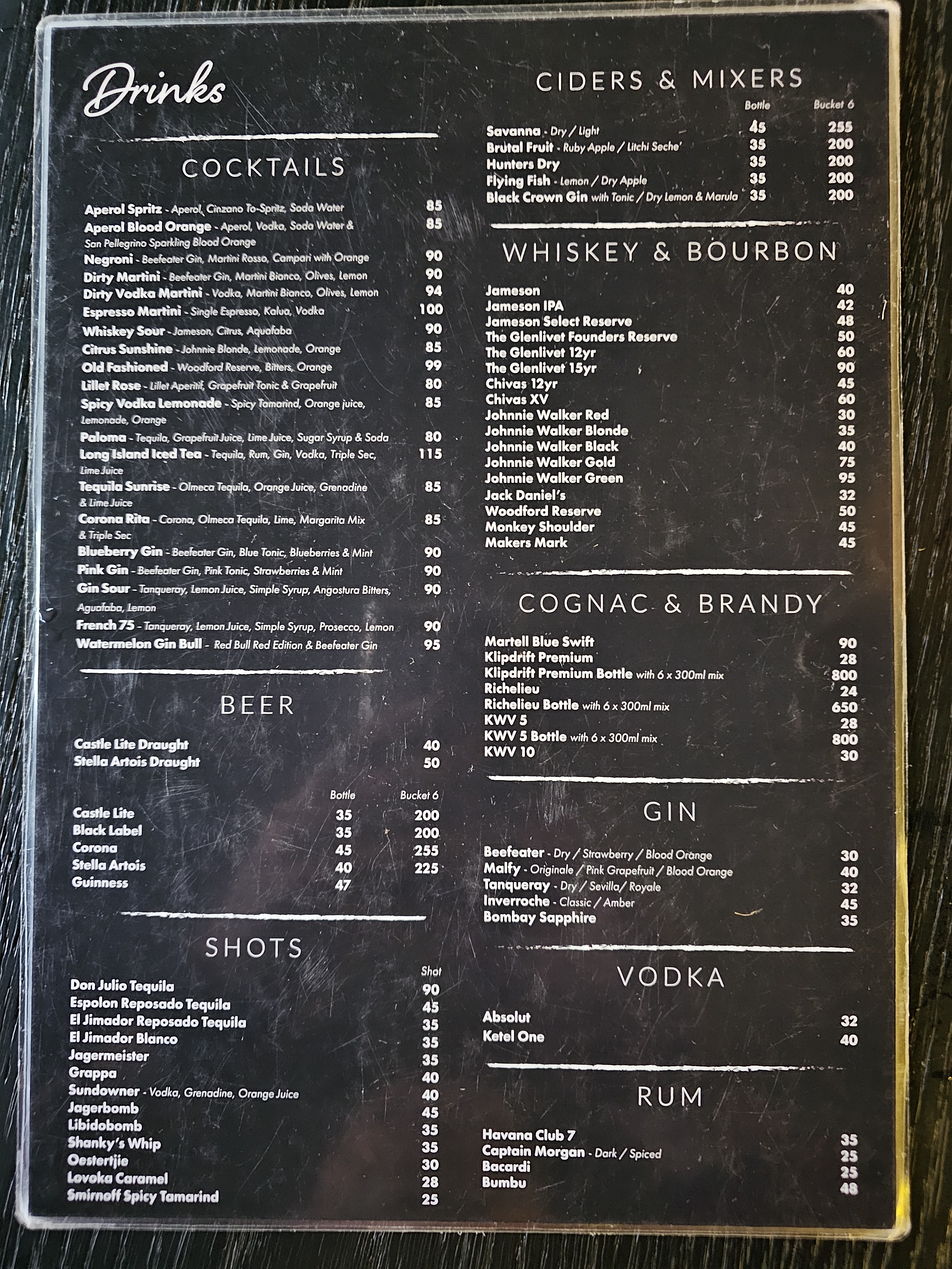 The View full drinks menu board